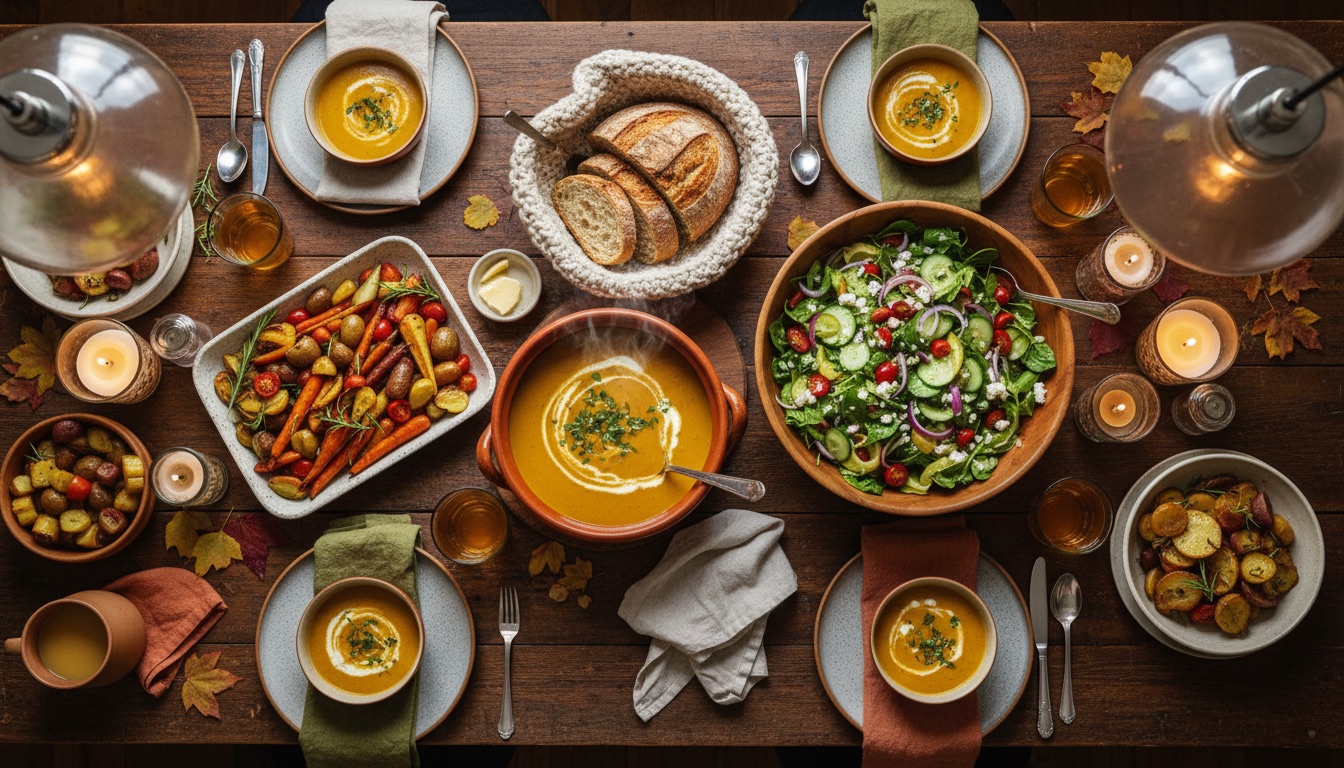 Fresh home-cooked family meals on a warm dining table